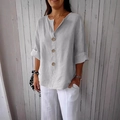 Camicia da donna in lino grigio chiaro con scollo a V, bottoni in legno e vestibilità - Fibbia Grigia A 3 Bottoni 8055# / 3XL