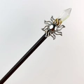 Detail of wooden hair pin featuring silver sun totem and transparent crystal point - Iridescent Crystal + Sunflower