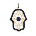 Detailed view of a Hamsa hand pendant featuring gold plating and blue cubic zirconia stones - L096455-dark Blue / Dark Blue