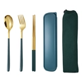 Portable 304 stainless steel cutlery set with golden utensils in a dark green box - Green Gold Spoon Fork Chopsticks 3-piece Set with Mesh Bag