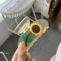 Close-up of translucent sunflower hair claw clip with yellow petals and green leaves - Sunflower Transparent Medium Claw