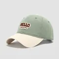 Detail of mint green and cream patchwork cotton baseball cap with HELLO embroidery - 54cm (3-8 Years) / Mint Green and Beige