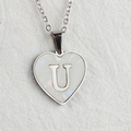 Silver heart necklace featuring a white shell inlay and a metal letter U pendant - Letter U / Silver