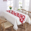 Red Christmas table runner with white tree patterns and decorative fringe tassels - Style L (180x33cm)