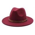 Close-up of wine red wool fedora hat featuring a brown ethnic patterned leather band - M (56-58cm) / Burgundy