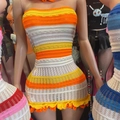 Handmade crochet bikini set featuring orange white and yellow striped knit beachwear - Adult Free Size / Orange Dress