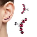Surgical steel curved ear stud featuring five gradient rose red crystals on silver bar - Ball Style / Pink