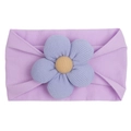 Detail of lavender purple nylon baby headband with knitted flower and yellow button - Purple