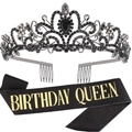 Birthday Queen sash and crown set with black rhinestones and gold lettering - One Size / Black Rhinestone Crown + Black Queen Sash