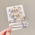 Set of 4 gold finish safety pins with white faux pearls and rhinestone flowers - Style 51 - 38th Set 4 Pcs
