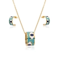 Golden evil eye jewelry set with blue enamel necklace and matching C-shape earrings - Green Earrings & Necklace Set