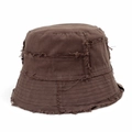 Detailed close-up of distressed edges and frayed fabric on a dark brown canvas bucket hat - M (56-58cm) / Coffee