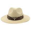 Vintage beige straw cowboy hat with leather band and silver bull head metal ornament - Beige