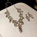 Exquisite silver necklace and earrings set with floral zircon clusters on a white tray - 45# Flower & Leaf - Silver (2-Piece Set)