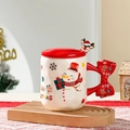 Tazza di Natale in ceramica con motivo pupazzo di neve, manico a fiocco rosso e cucchiaio - Pupazzo di Neve