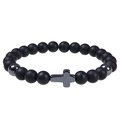 Minimalist black matte bead bracelet with a grey hematite cross and metallic accents - Matte Stone / Bless