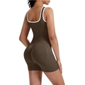 Detail of rib-knit seamless bodysuit showing lifting effect and white contrast piping - S / Tan