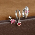 Macro view of silver snake-themed earring set with pink flower and red gemstone charms - 混搭组合(Y26055) / Silver - Rose Red