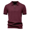 Polo da uomo in maglia bordeaux con righe verticali e finiture a contrasto - S / Stile con collo a zip / Borgogna