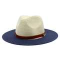 Detail of two-tone straw Panama hat featuring a brown leather band and metal M logo - M (56-58cm) / Cream White + Navy Blue