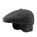 Men's wool winter flat cap in charcoal grey with warm ear flaps and sleek design - M (56-58cm) / Dark Gray