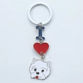 Detail of metal keychain with blue letter I, red heart, and white Westie dog charm - Style 4-West Highland White Terrier