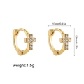 Detail view of 18K gold cross hoop earrings with white zircon accents and size specs - Gold Cross