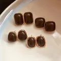 Set of 4 pairs of vintage geometric earrings in coffee brown resin and gold frame - 76# Silver Needle - Gold/Brown (8-Piece Set)