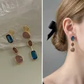 French retro gold earrings with blue brown and pink geometric gemstones for women - Geometric Gemstone Dangle Clip-on