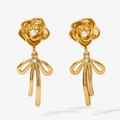 Goldene Kamelien-Ohrringe mit Perle und Kristall-Schleife aus hochwertigem 316 Edelstahl - Gold (KD2913)