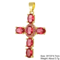 Detail view of a gold cross pendant with red oval stones and small pink gems on white background - Style 39/Gold Red Oval Pink Stone/35*23*4.7mm