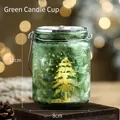 Green frosted glass Christmas candle jar with glowing tree pattern and silver handle - Ice Crackle Green (Metal Handle)