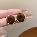 Macro shot of vintage round brown velvet stud earrings with elegant gold metal frames - 34# Silver Earring Post - Coffee - Round