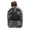 Close-up of distressed camo ponytail cap with breathable mesh and high hair opening - One Size / Gray Camouflage