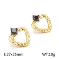 Golden heart-shaped titanium steel earrings with black gemstone and hammered texture - Style B Hammered Heart Black Stone (Gold)
