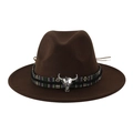 Cappello fedora in lana marrone scuro con fascia etnica e teschio di toro - Adulto 58cm Taglia Unica / Caffè Scuro