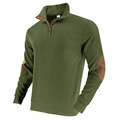 Detail of olive green ribbed sweatshirt with brown elbow patches and button neckline - S / Army Green