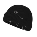 Punk style black knit beanie with metallic rings and safety pin for a street look - 55-58cm / Black