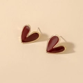 Vintage gold-trimmed irregular heart stud earrings with deep red enamel finish - Brownish Red (925 Sterling Silver Earring Post)