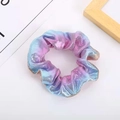 Rainbow gradient scrunchie in shimmering metallic mesh fabric on a white background - Pink Blue Gradient