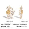White enamel daisy stud earrings in gold stainless steel finish, size 3.28cm by 5.02cm - White Daisy Studs