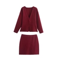 Burgundy two-piece knit set featuring V-neck long sleeve cardigan and mini skirt - S / Set