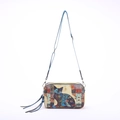 Crossbody camera bag featuring colorful cat print, blue shoulder strap and fringe tassel - Khaki Cat