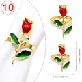 Set of 10 red rose napkin rings with diamond accents and gold metal finish, 5.1cm height - Enamel Rose