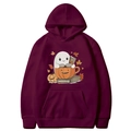 Sweat à capuche bordeaux d'Halloween avec dessins de fantômes, citrouilles et feuilles - Bordeaux