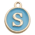 Sky blue enamel alphabet S round pendant with gold plating for DIY jewelry making - Letter S / 1 Piece (12x14mm) / Lake Blue