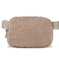 Beige sherpa fleece belt bag with adjustable strap and matching buckle closure - Camel