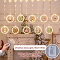 Warm white LED Christmas curtain lights with 3D Santa and Reindeer figures and remote - Christmas Combo - Battery Remote Style (8 Modes)