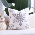 White Christmas pillow case with silver snowflake embroidery on soft plush fabric - Large Snowflake White Base/White