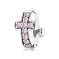 Sterling silver cross charm spacer bead with pink round-cut crystals for jewelry - Cross/Pink Zirconia